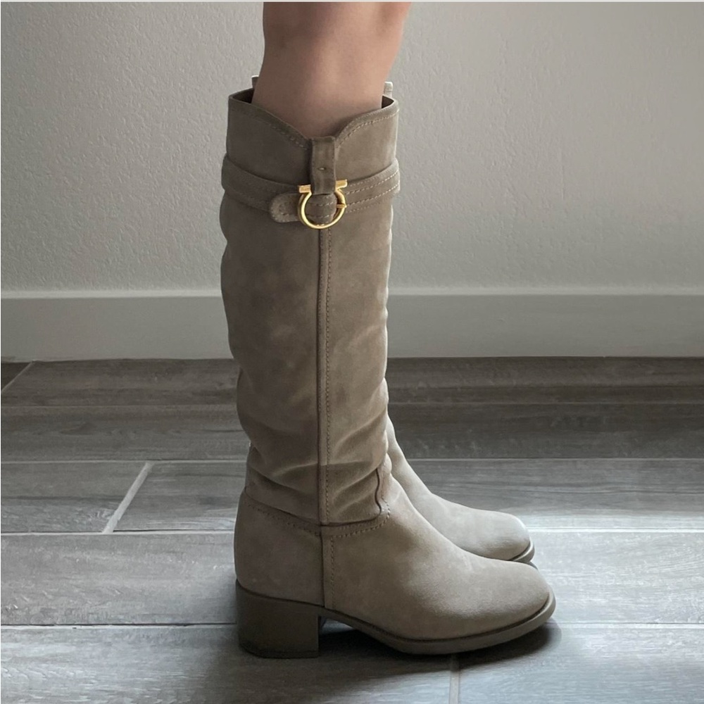 Salvatore Ferragamo Taupe Gray Suede Knee-High Boots with Gold Buckle sz 6